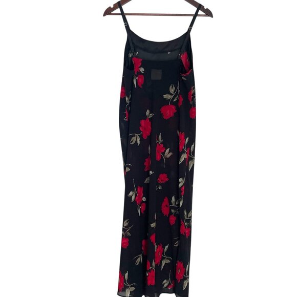 Vtg 90s Y2K Pasha Slip Maxi Dress L Black Red Floral Sheer Slits Romantic Goth - Picture 4 of 6
